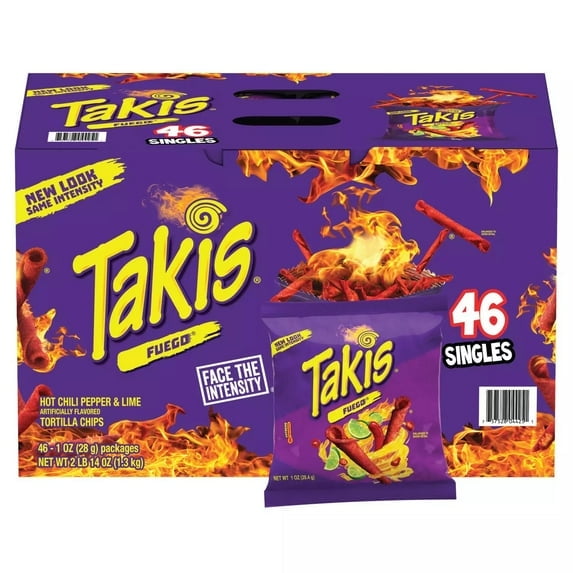 Takis Fuego Hot Chili Pepper & Lime Tortilla Chips, 46 Singles (1 oz Bags)