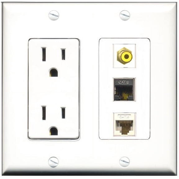 RiteAV - 15 Amp Power Outlet 1 Port RCA Yellow 1 Port Shielded Cat6 Ethernet Ethernet 1 Port Cat6 Ethernet Ethernet White Decorative Wall Plate