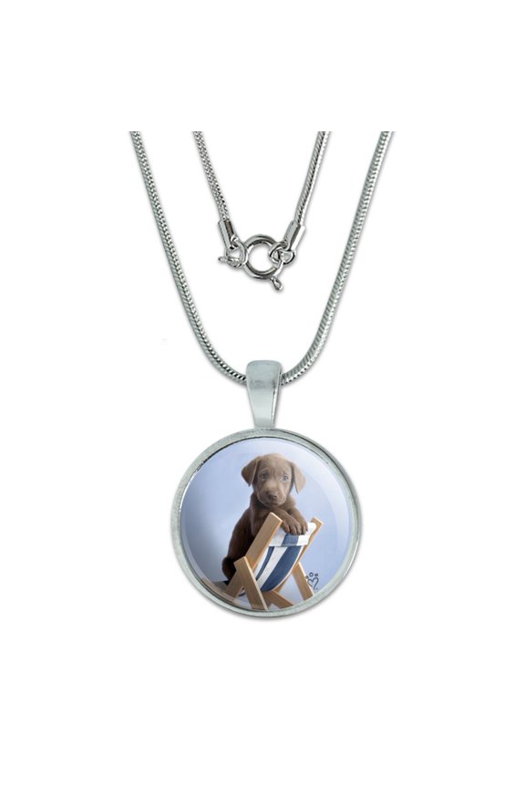 Lab Labrador Puppy Dog in Beach Lounger Chair 0.75" Pendant with Sterling Silver Plated Chain