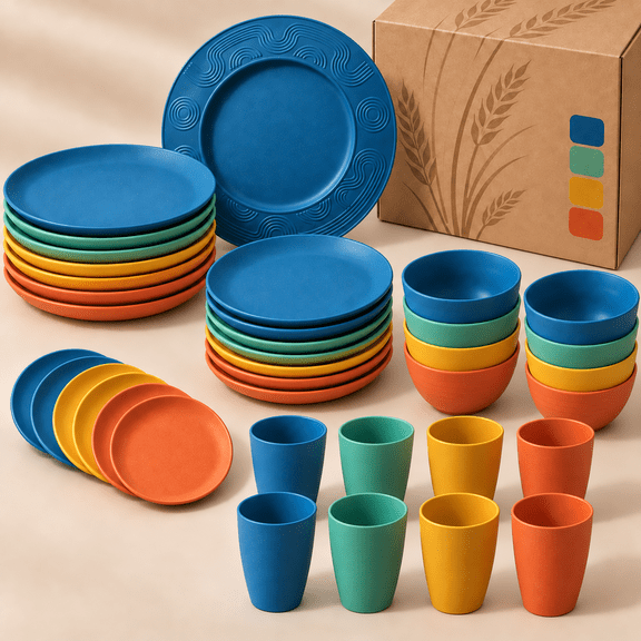Homienly Unbreakable Dinnerware Set, 38-Piece Wheat Straw Dinnerware Set for 8, Plastic Plates Bowls & Cups, Reusable Stackable Microwave Safe Tableware, Dishware Set, Multicolor