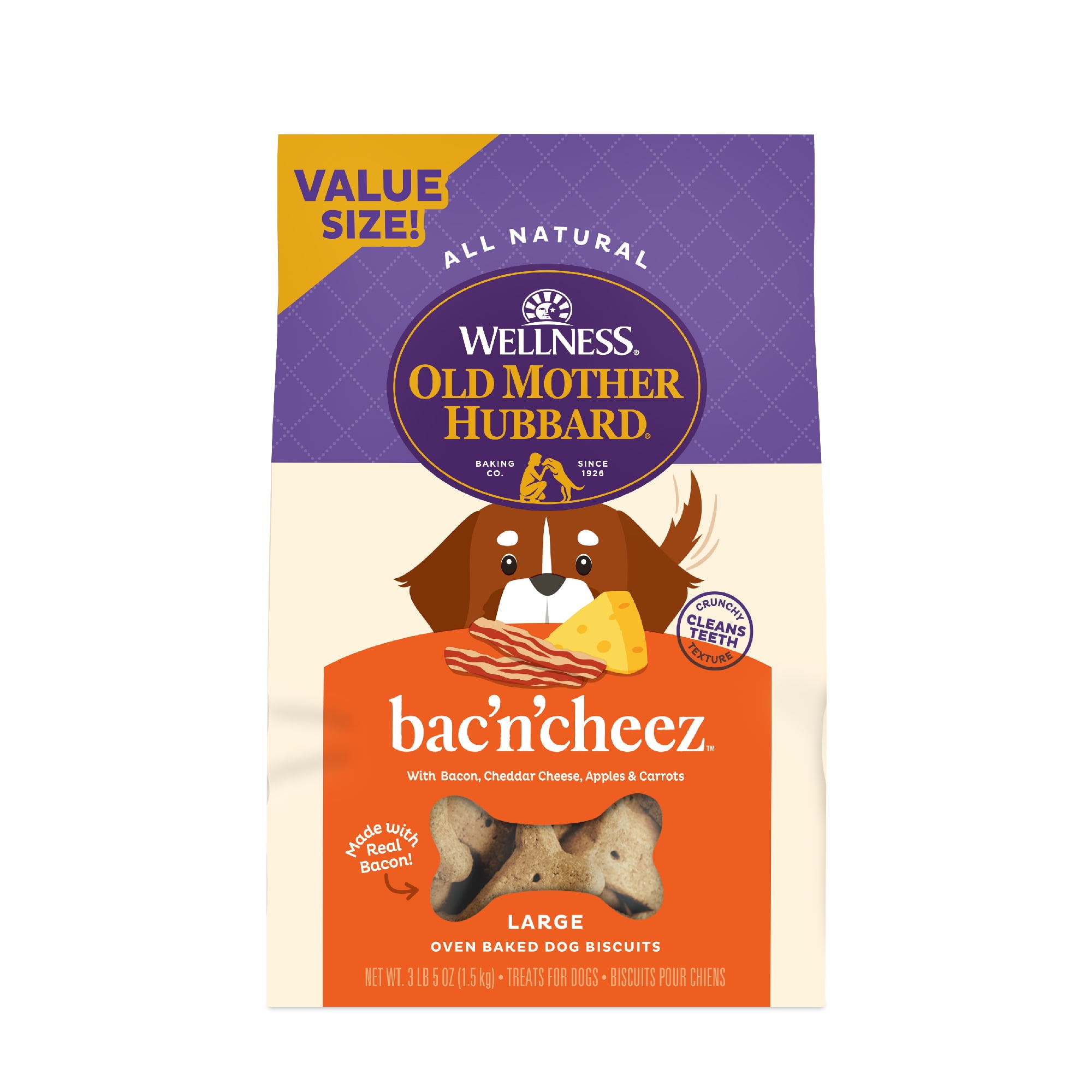 Wellness Old Mother Hubbard Classic Bac'N'Cheez Dog Biscuits, Natural Training Treats, Bacon and Cheese Flavor, Large Size, 3.3 lb Bag