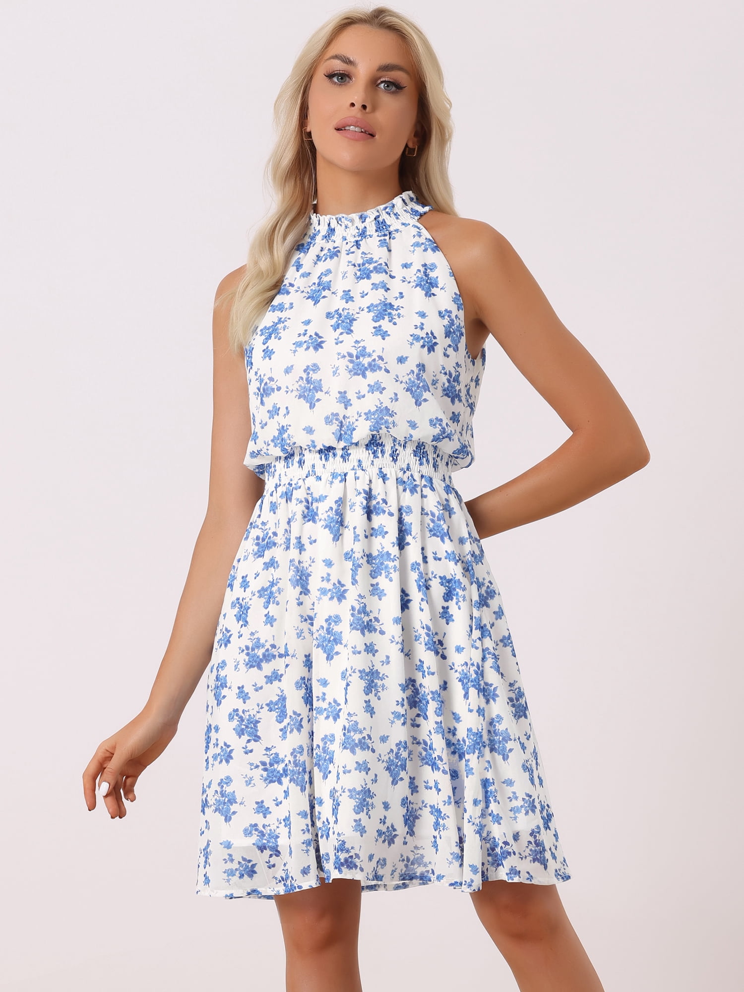 DARING DIVA Women's Halter Neck Sleeveless Smocked Mini Floral Dress M White