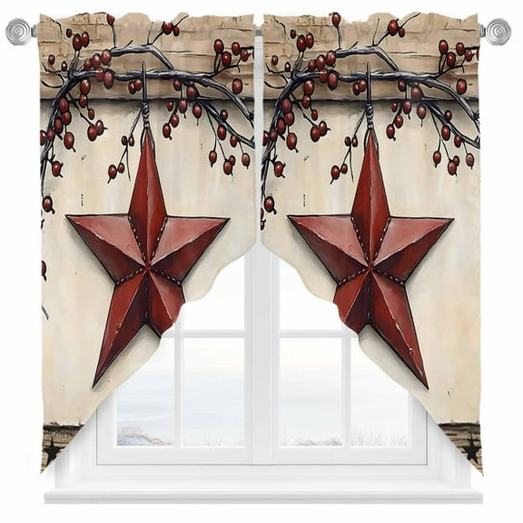 Farmhouse American Swag Curtain Valance for Windows, Country Star Berries Vintage Wood Grain Window Treatments Short Swag Topper for Kitchen Windows Bathroom Bedroom, 36"x36"