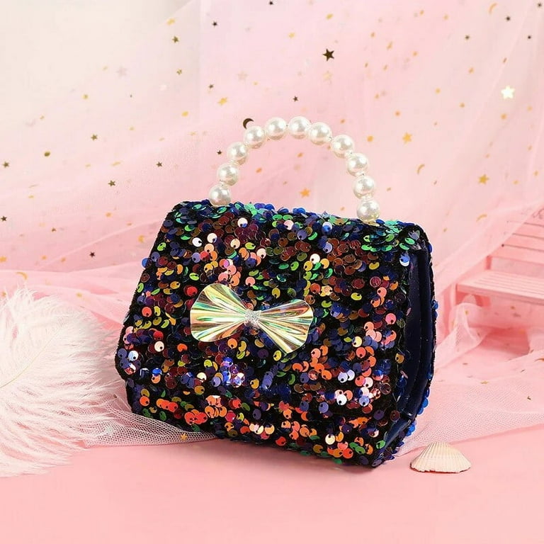 Kong Xiang Fashion Girl Princess Bag Cute Crossbody Bags for Girls Sequins Pearl Bow Handbag Toddler Kids Purses Girls Shoulder Chain Bag Girl s