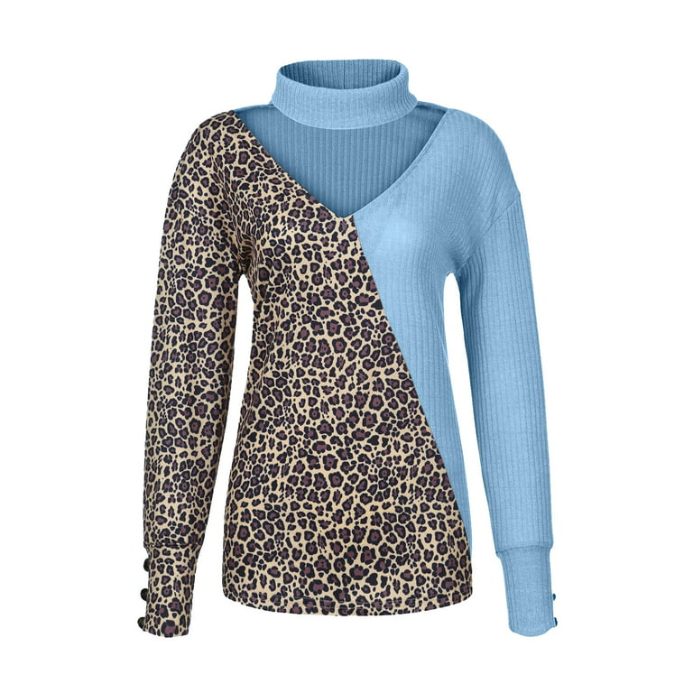 WJHWSX Tunic Sweaters To Wear With Leggings Pullover Sweaters For Young  Women V-Neck Leopard Cutout Blue Christmas
