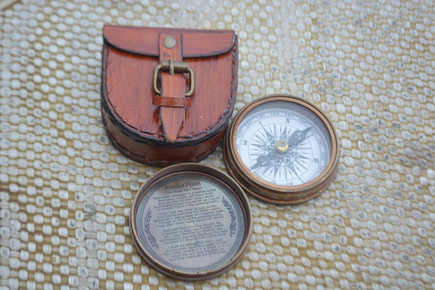 Nautical India 2.5" Robert Frost Poem Antiqued Brass Poem Compass with Leather Case