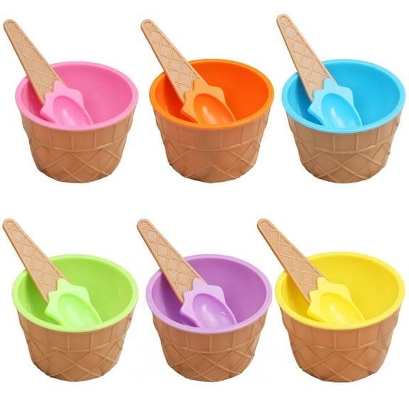 6 Pcs Ice Cream Bowls and Spoons Set, Cute Waffle Cone Design, Includes Pink, Blue, Orange, Green, Violet, Yellow, PP Material