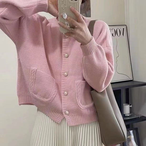 Chaqueta tipo suéter estilo Chanel de estilo coreano nueva de primavera y otoño para mujer, suave y dulce, de un solo pecho, de cuello redondo corto, tendencia de cárdigan de punto