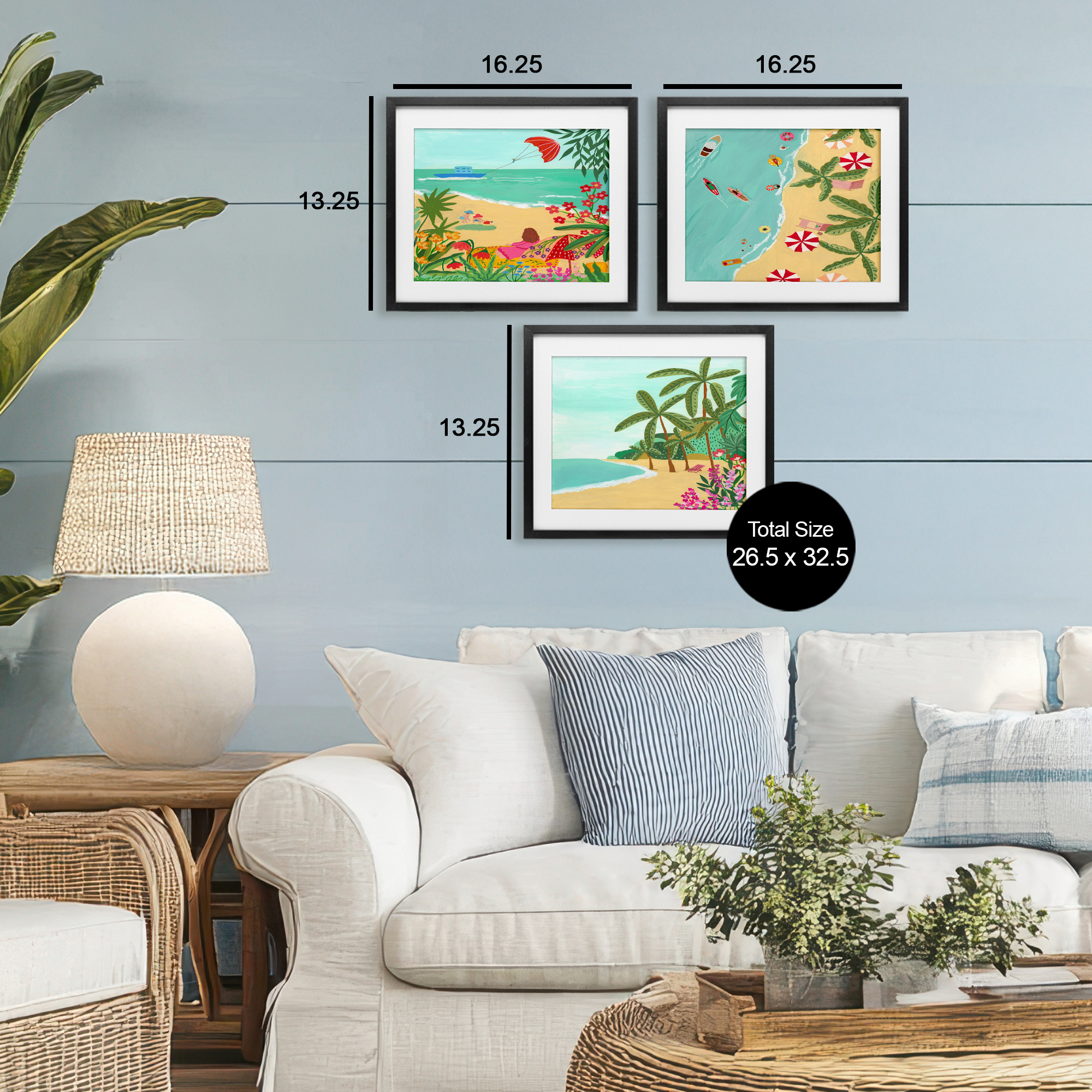 Busy Beach And Flowers 3 Piece Black Framed Print Under Glass Set, design by Nabeela Rumi