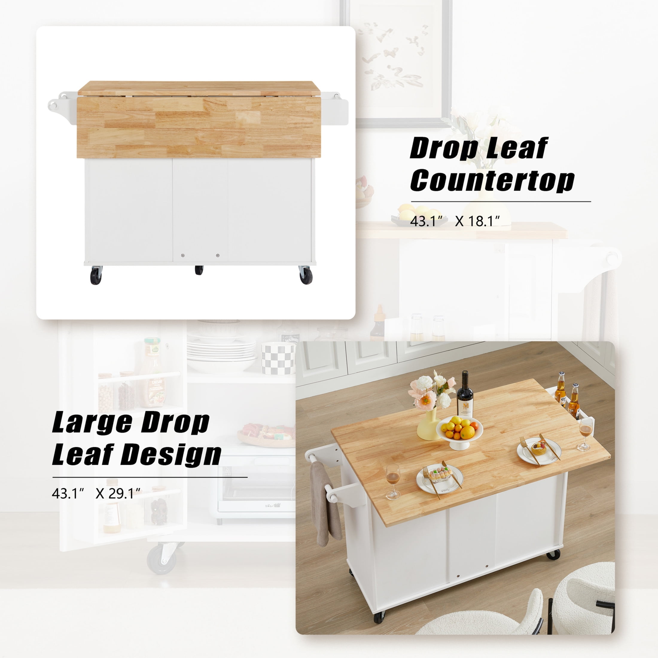 Noble House Kitchen Island Cart with Drop-Leaf Countertop, Storage Cabinet, Drawers & Racks, White