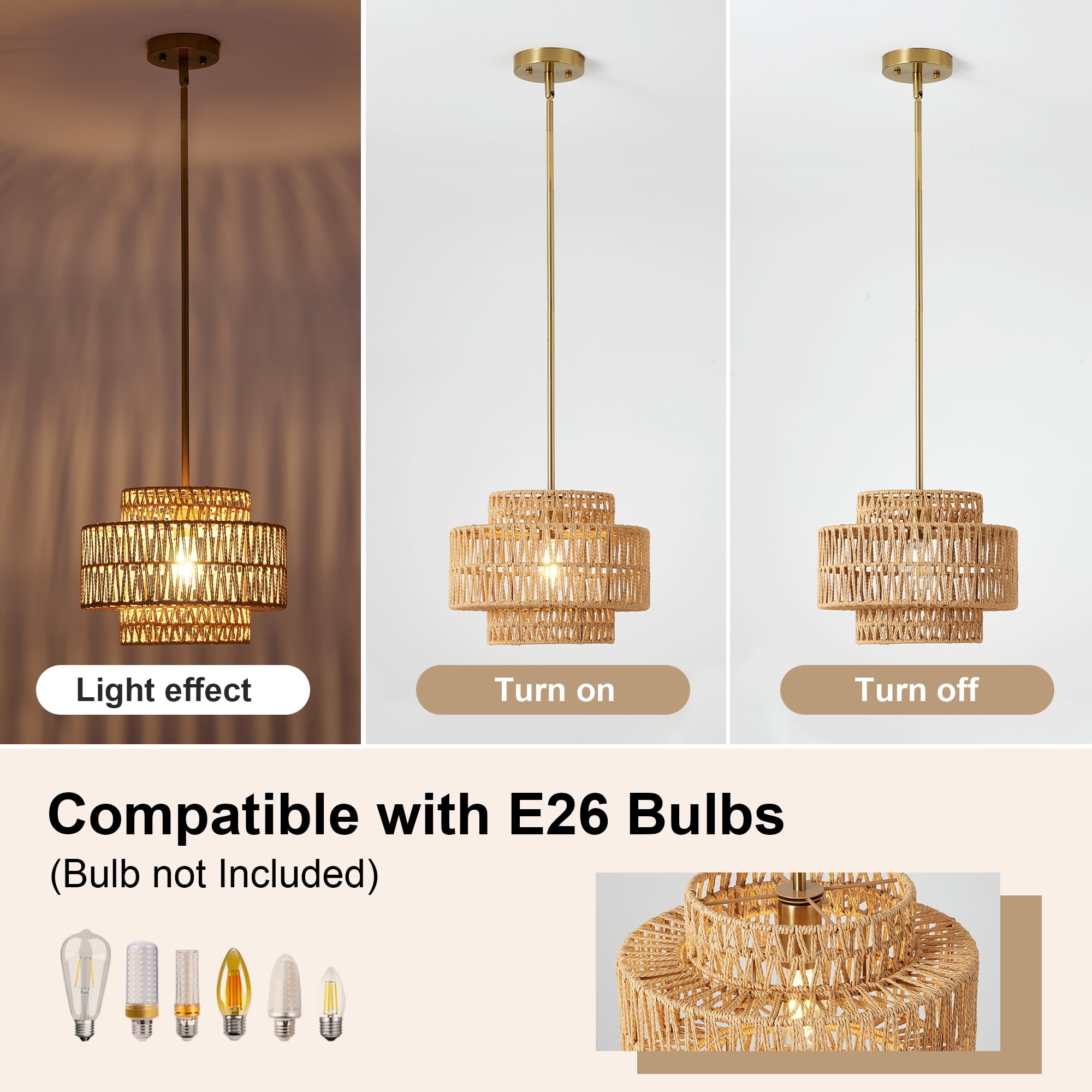 Leumius 12.6" Boho Rattan Chandelier Light Fixture, Hand Woven Pendant Light Fixture Farmhouse Rustic Hanging Lamp for Kitchen Island Bedroom, Dining Room, Living Room, Entryway, Foyer