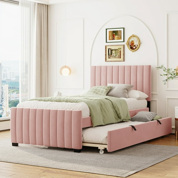 Newest Twin Size Velvet Upholstered Platform Bed with Twin Size Trundle, Pink