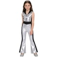 thumbnail image 2 of Hansber Girls Disco Outfits Kids 70s Party Dress Up Bell Bottom Jumpsuit Sleeveless Sequins Dancing Romper Silver 14, 2 of 6