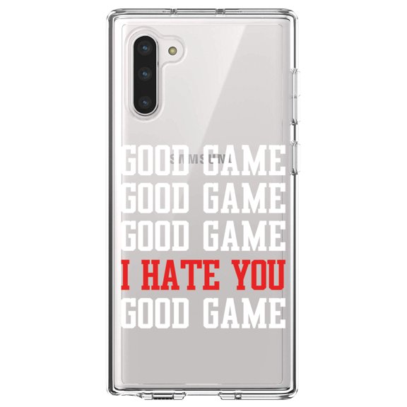 DistinctInk Clear Shockproof Hybrid Case for Samsung Galaxy Note 10 (6.3" Screen) - TPU Bumper Acrylic Back Tempered Glass Screen Protector - Good Game I Hate You Good Game