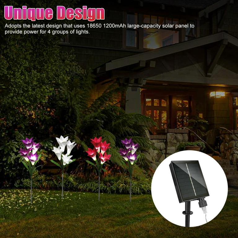 2 Pack Outdoor Solar Garden Stake Lights - TSV Solar Powered Lights with 8 Lily Flowers, Multi-Color Changing LED Solar Decorative Lights for Garden, Patio, Backyard Decorations (Purple and White) 2 Pack Outdoor Solar Garden Stake Lights - TSV Solar Powered Lights with 8 Lily Flowers, Multi-Color Changing LED Solar Decorative Lights for Garden, Patio, Backyard Decorations (Purple and White)