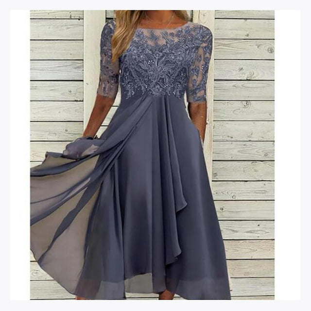 Robe en Dentelle Appliquée Midi Manches Courtes Robes de Soirée Décontractées Robe Assortie pour Mariage YOUYOU