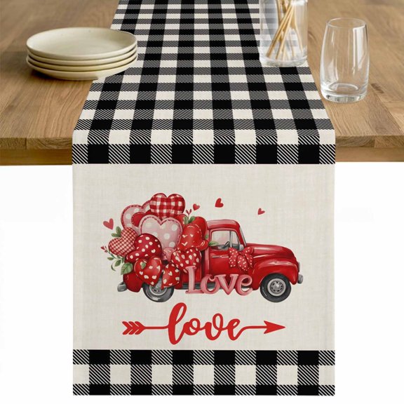 Valentine's Day Table Runner - 120 Inch Long Red Loves Truck Romantic Buffalo Plaid Beige Cotton and Linen Blended Dress Scarves Farmhouse Table Runner for Kitchen Dining, Coffee Table, 13" x 120"