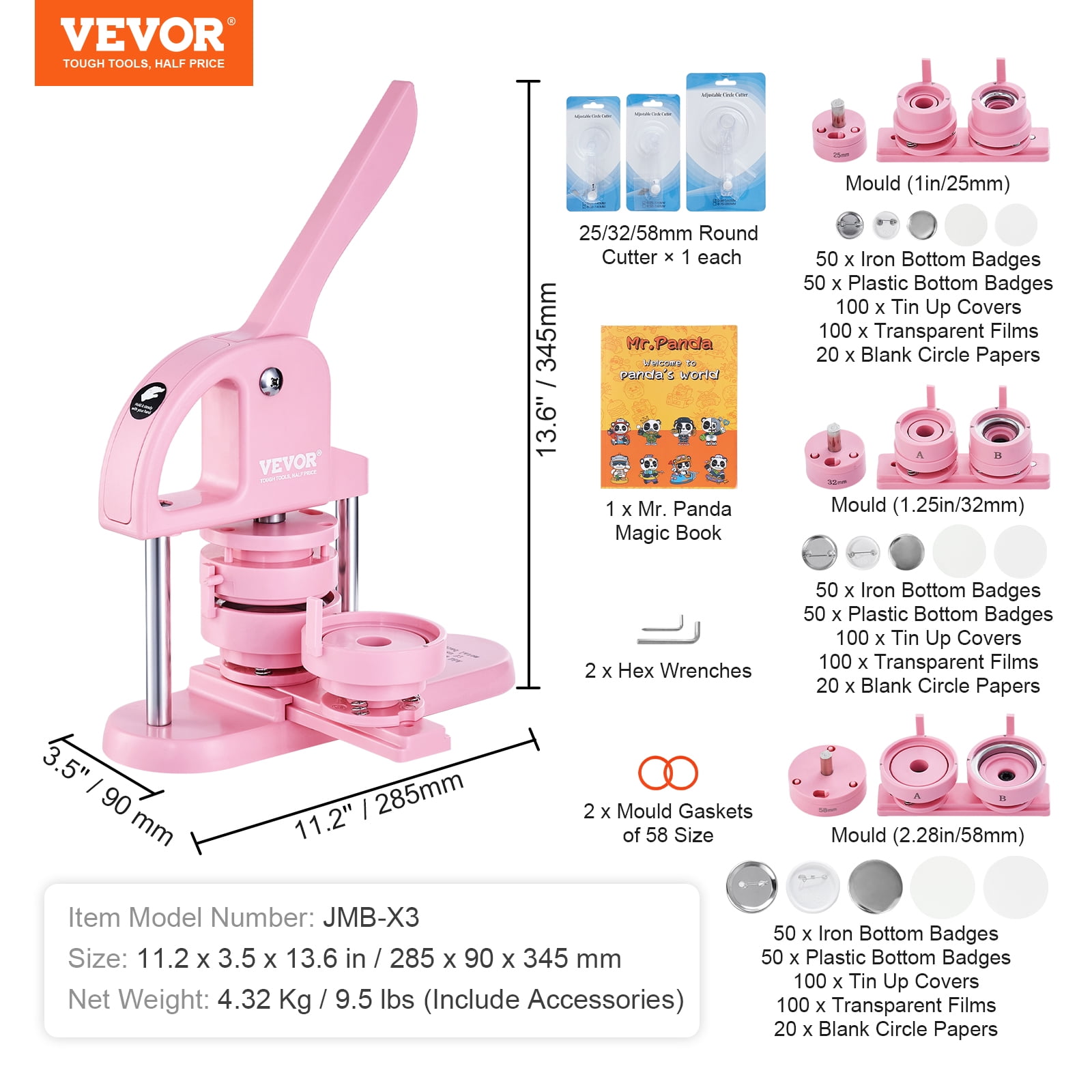 VEVOR 3-IN-1 Button Maker, 1/1.25/2.28 inch(25/32/58mm) Pin Maker, 300pcs Button Parts,Button Maker Machine with Panda Magic Book, Ergonomic Arc Handle Punch Press Kit, For Children DIY Gifts,Pink