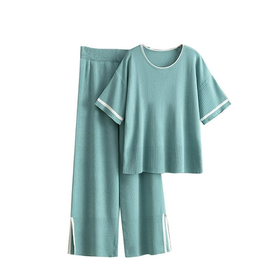 SnZhen Two Piece Sets for Women Summer Women's Stylish Casual Suit Contrasting Color Short-sleeved And Wide-leg Pants Slit Two-piece Set