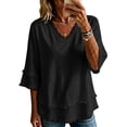 thumbnail image 4 of Womens Cotton Linen Shirt 3/4 Length Sleeve V Neck Beach Vacation Tshirts Tunic Tops for Women Summer Blouses for Women Linen Clothing for Women Summer Linen Tops,Black,L, 4 of 5
