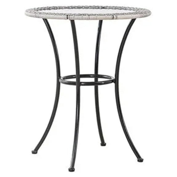 24 Inch Round Marbella Wicker Bistro Patio Table Portable Outdoor Backyard Deck Furniture with Glass , Gray/Black