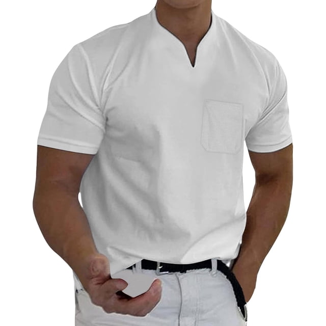 Prolriy Camisetas para hombre Primavera Verano Casual Cuello en V Sólido Manga Corta Camiseta Blusa Superior Camisas para hombre Blanco S