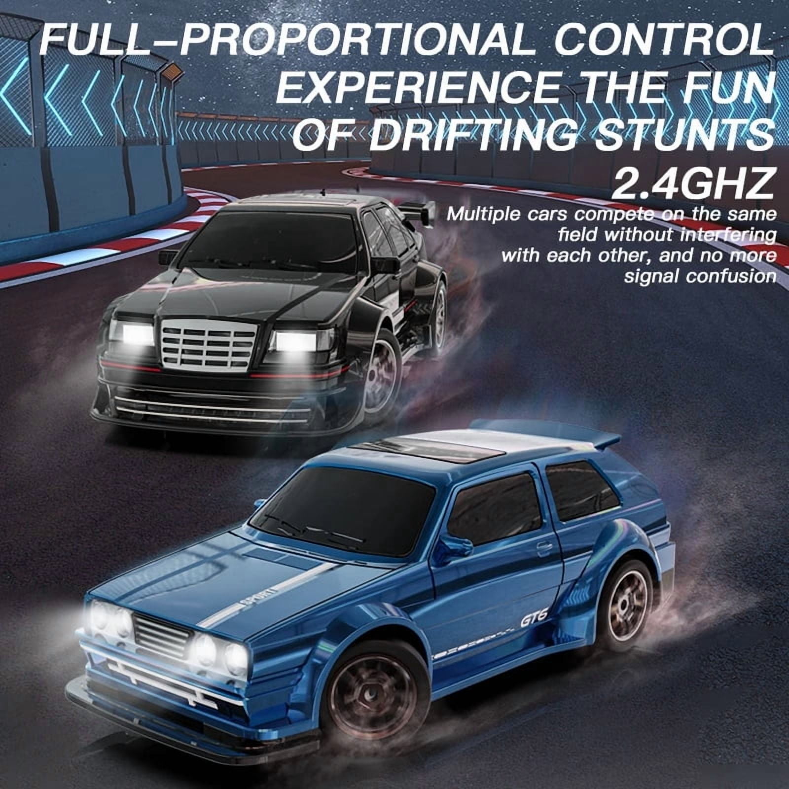 1:43 Scale RC Drift Car with Gyroscope, 2.4G High-Speed Full-Scale Remote Control Car, 4WD Mini Racing Vehicle with LED Lights for Adults and Hobbyists, KF30 - Blue/2 Batteries