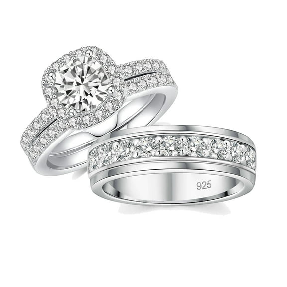 SFTING Moissanite Wedding Ring Sets His And Hers 3pc 925 Sterling Wedding Engagement Ring for Couple Women Mens Band D Color VVS1 Size 9&7