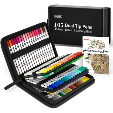 Dual Tip Brush Pens Art Markers, Shuttle Art 105 Colors Fine and Brush Dual Tip Markers Set in Portable Case with 1 Coloring Book for Adult Artist Coloring
