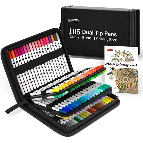 Dual Tip Brush Pens Art Markers, Shuttle Art 105 Colors Fine and Brush Dual Tip Markers Set in Portable Case with 1 Coloring Book for Adult Artist Coloring