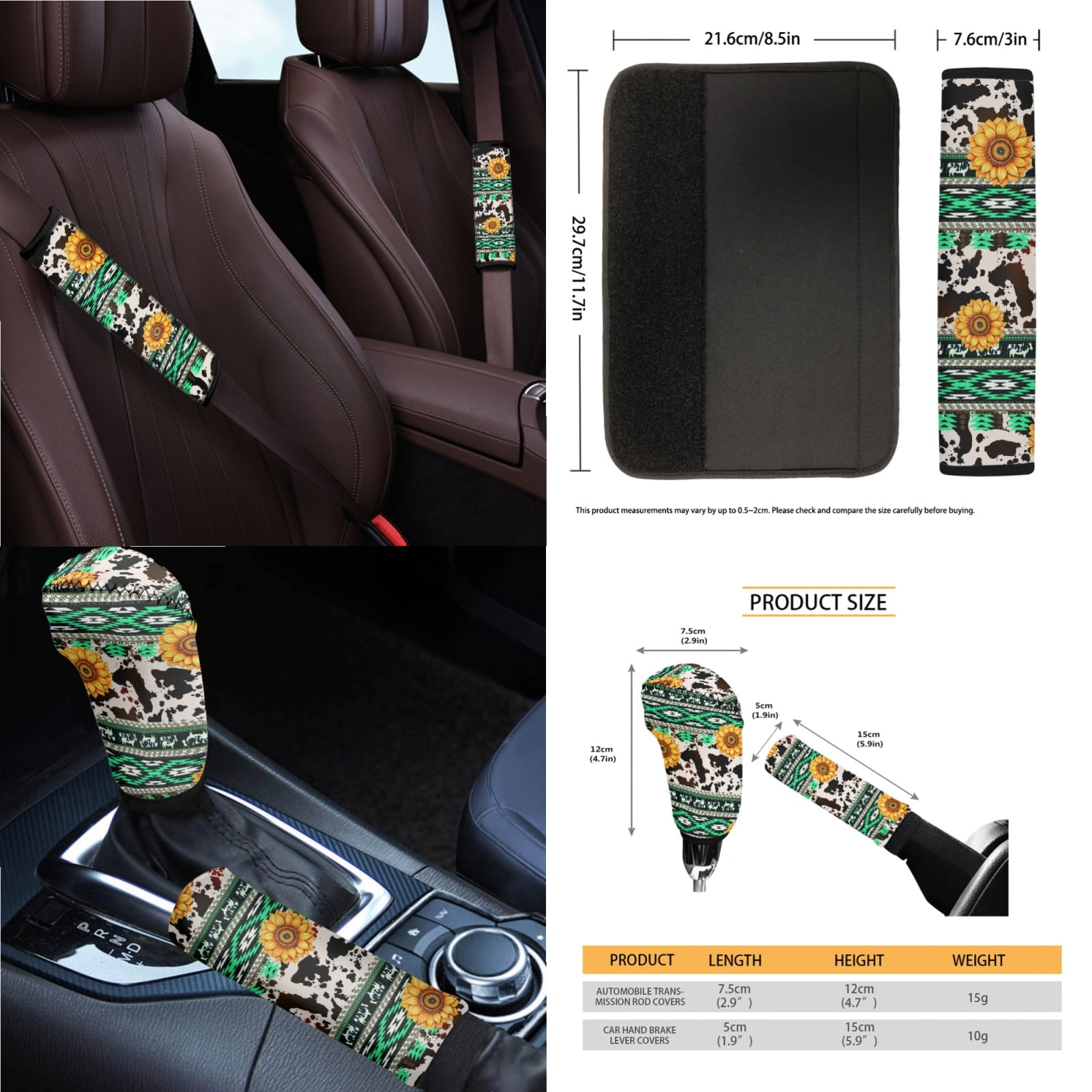 Renewold American Tribal Sunflower Cow Print Green Car Seat Covers Full Set, with Steering Wheel Safe Belt Cover Handbrake Set Coasters Garbage Bin Rear View Mirror Center Console Cover, 14 PCS
