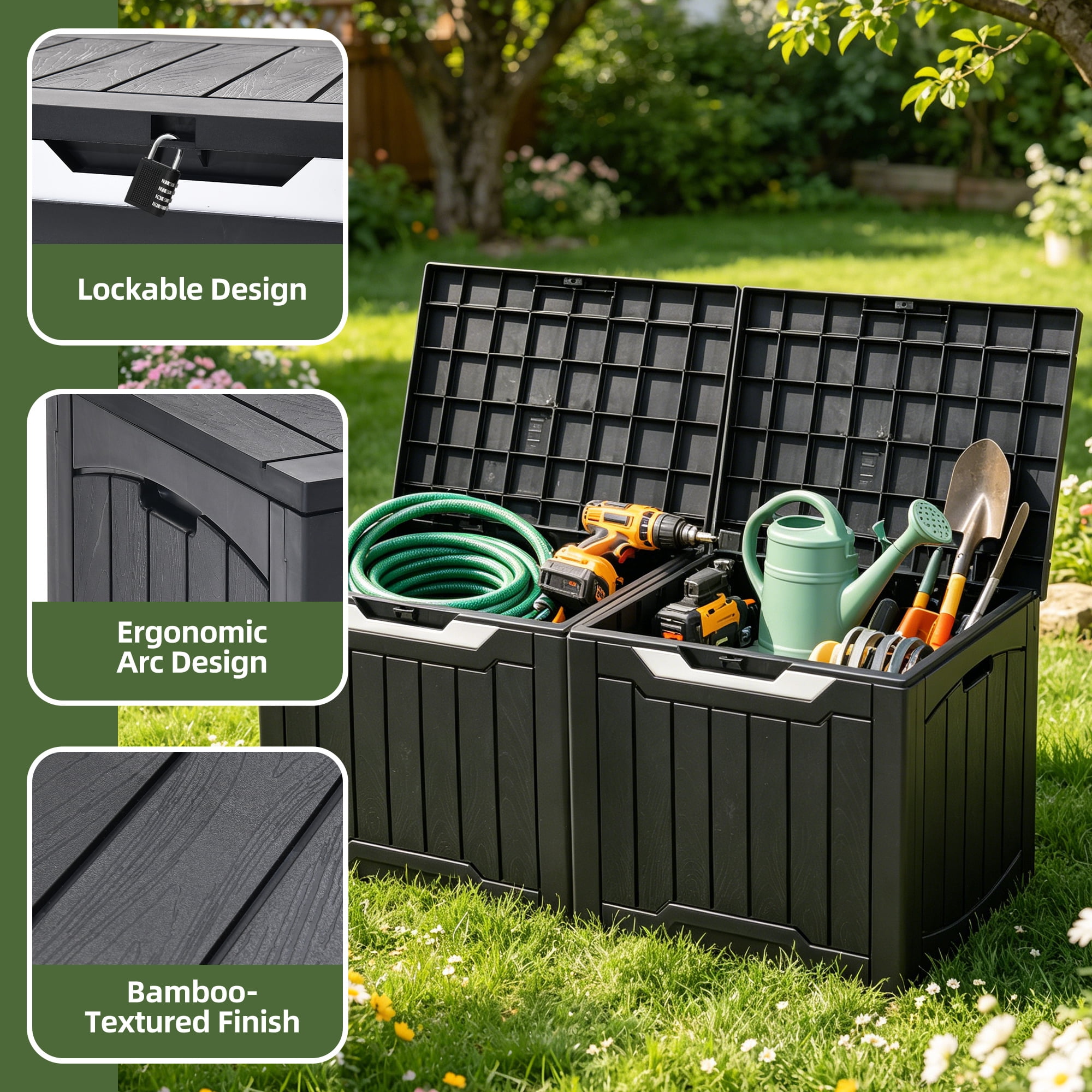 Uforic 2 Pack 31 Gallon Weatherproof Deck Boxes, Lockable Resin Outdoor Storage Bins for Patio Cushions Garden Tools, Black