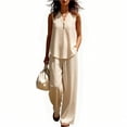 thumbnail image 4 of Cagogo Women's V Neck Sleeveless 2 Piece Set Casual Vacation Outfits Loose Wide Leg Pants Boho Travel Lounge Sets Summer Cruise Clothes, Khaki L, 4 of 6