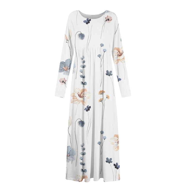 LISTHA Women's Maxi Dress Long Sleeve Crewneck Loose Plain Casual Empire  Waist Fall Party Long Dresses with Pockets White L - Walmart.com