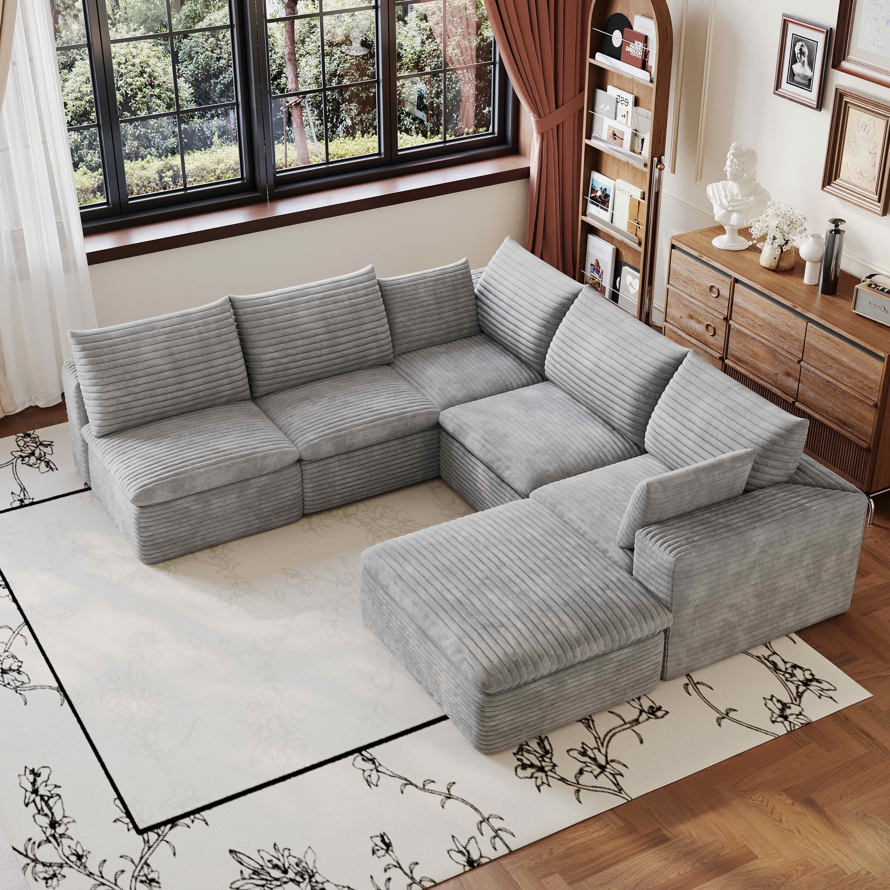 MAYEERTY 98.5"x 102.4" L‑Shaped Cloud Modular Sofa, Corduroy Deep‑Seat Sectional Couch, Double‑Layer Removable Cushions, No‑Assembly DIY Sponge Sofa for Living Room Bedroom Conference Room Apartment