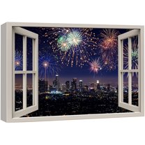 wall26 Canvas Print Wall Art Window View Vibrant 4th of July Firework Sky Celebrations & Holidays Nature Photography Realism Landscape Colorful Multicolor for Living Room, Bedroom, Office - 32&qu