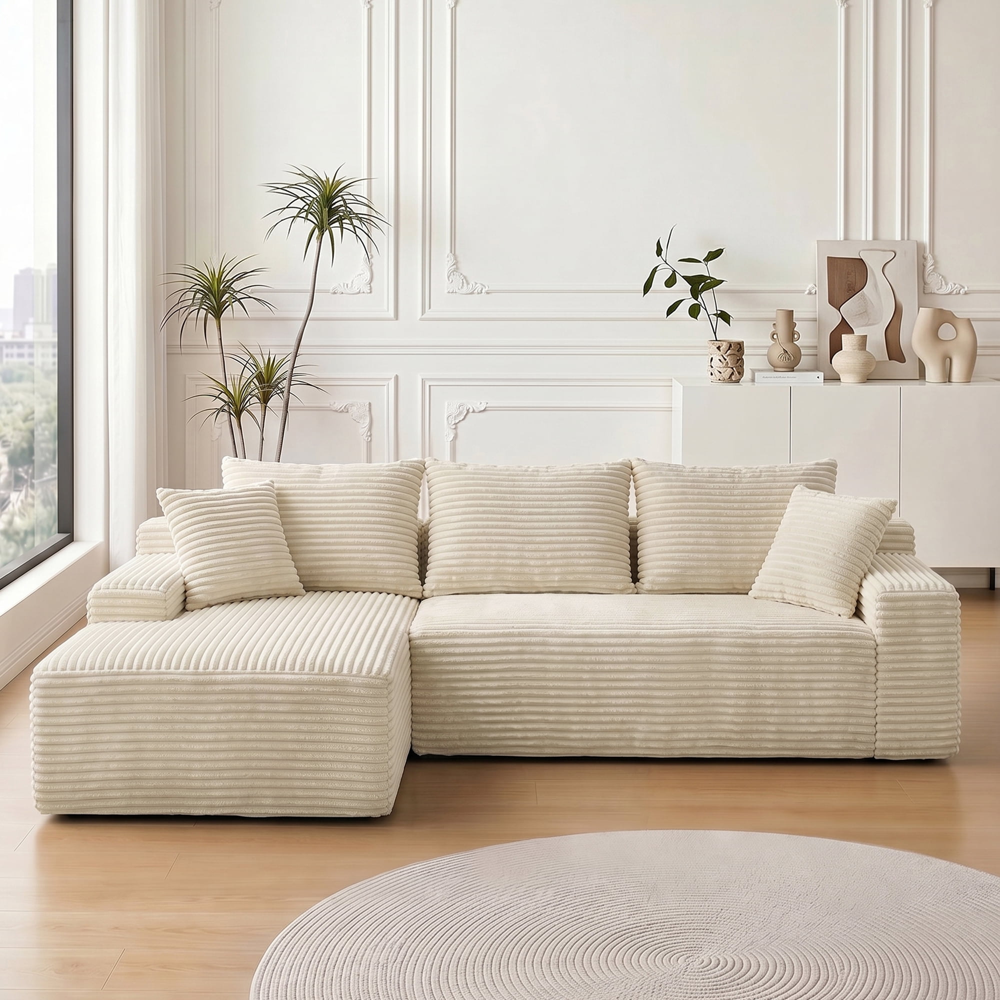 Leumius 95" Boneless Modular Sectional Sofa with Chaise,L-Shaped Comfy Corduroy Couch with Deep Seat,Upholstered Sectional Couch for Living Room, No Assembly,Beige