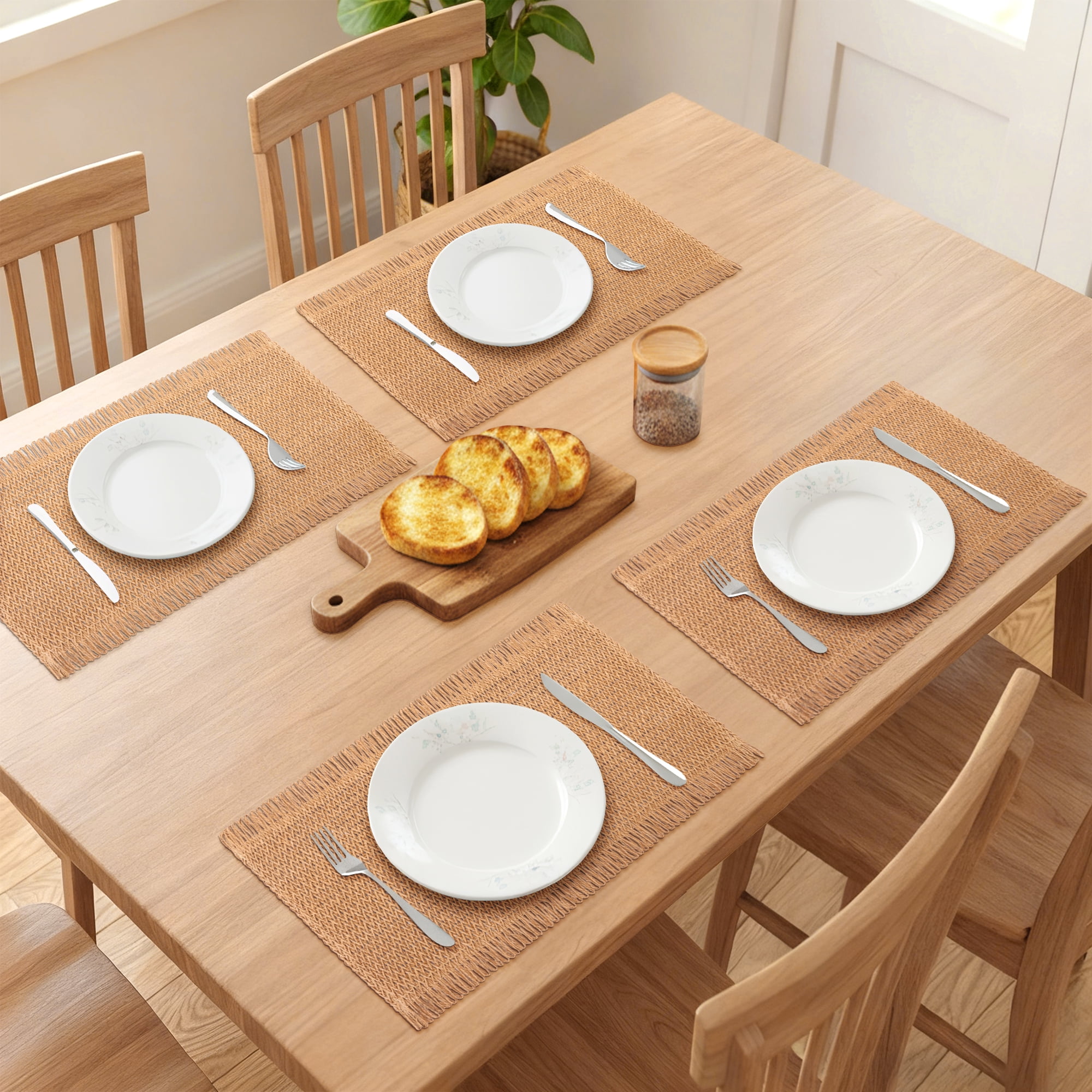 Unique Bargains 6pcs Woven Placemats with Tassels Brown 17.7"x11.8"