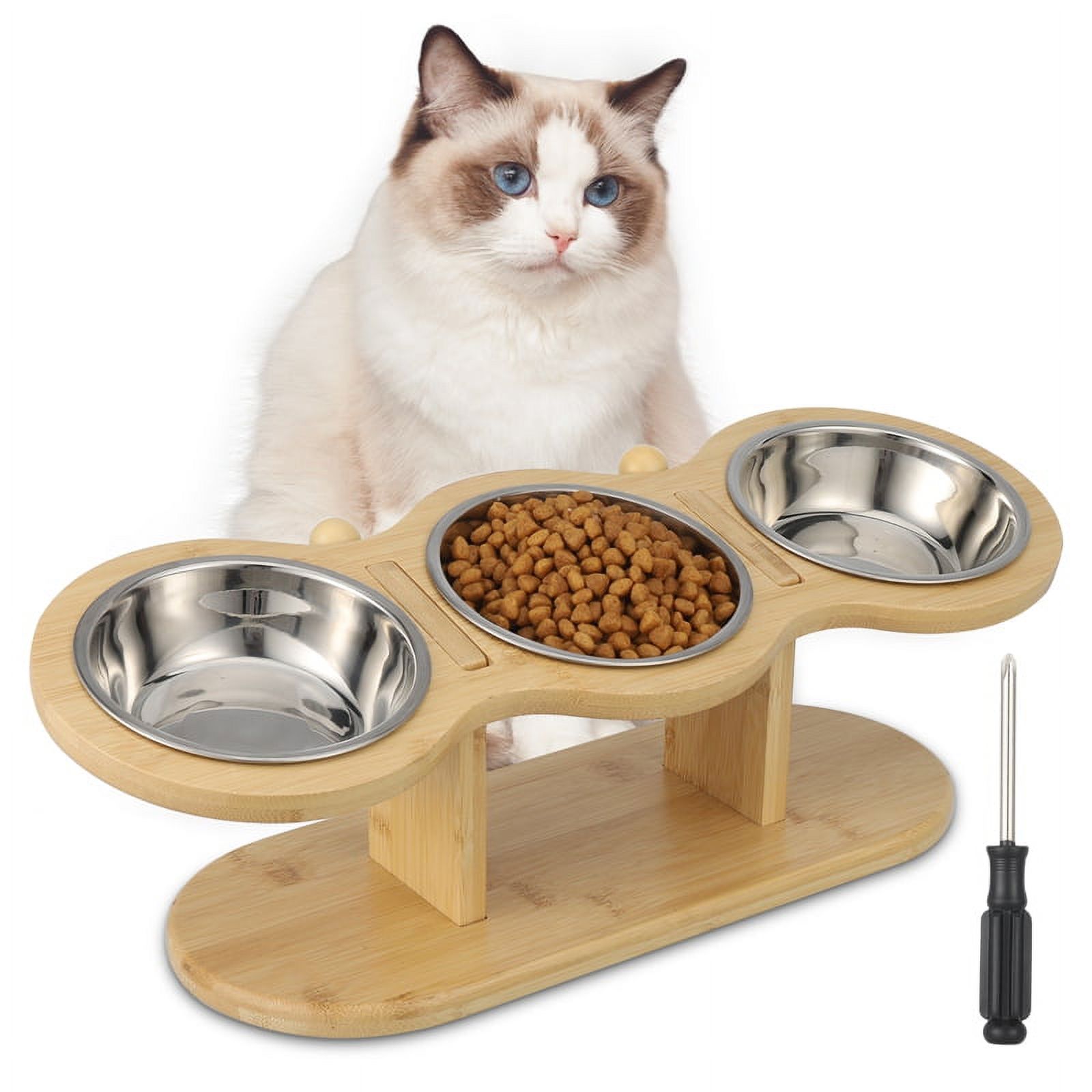 Qweryboo Wooden Elevated Cat Bowls with 3 Stainless Bowls