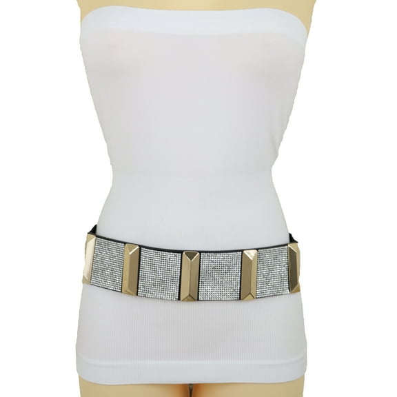 Women Black Faux Leather Elastic Belt Hip Waist Silver Gold M L