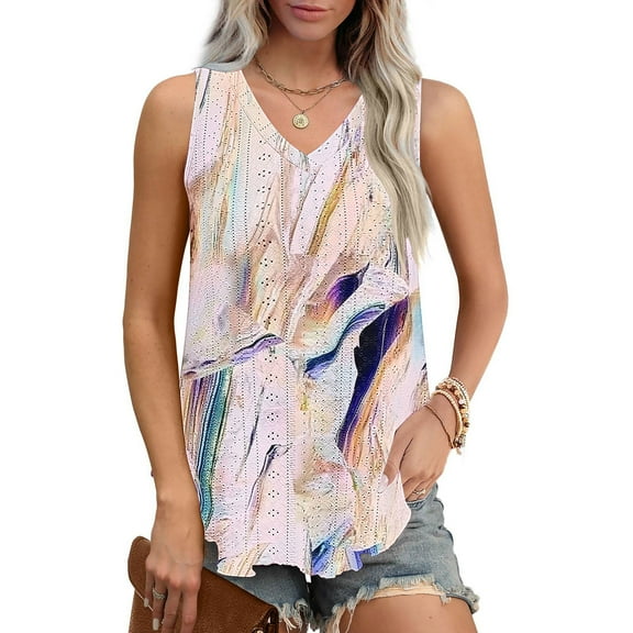 Sentmoon Women Tank Tops 2025 Summer Crew Neck Loose Fit Going out Tops for Women Boho Graphic Print Wide Strap Sleeveless T Shirts Casual for Lounge at Home Multicolor XXXL