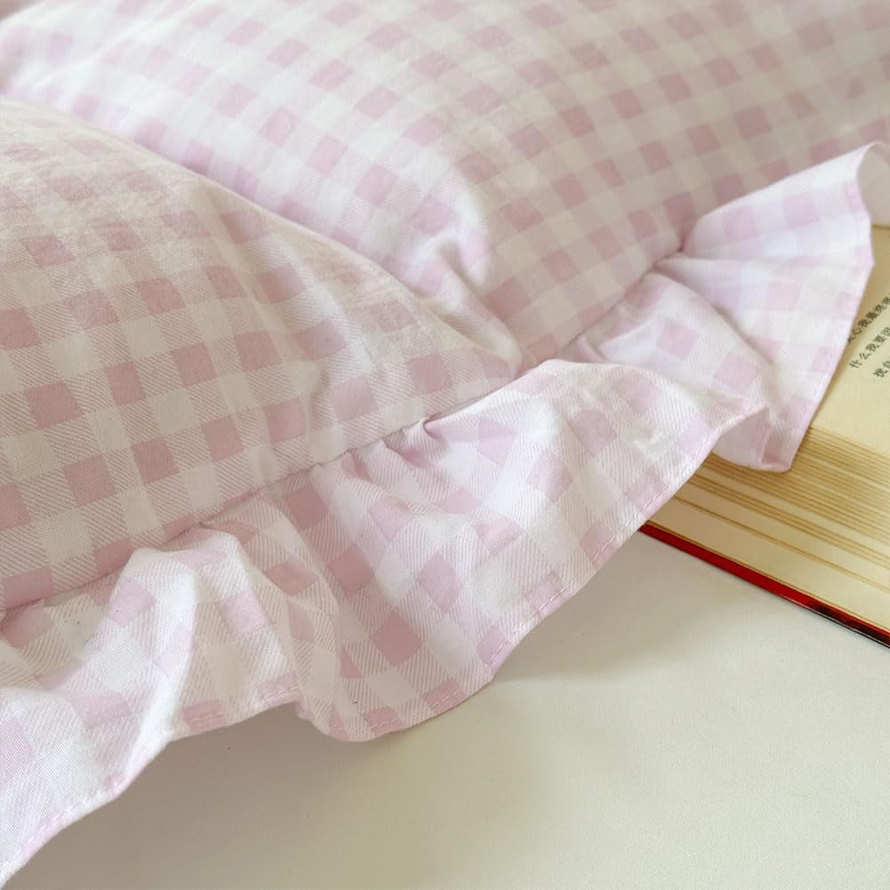 Pink Gingham Ruffle Duvet Cover King Size, 3 Pieces Soft Pre-Washed Microfiber Checked Plaid Comforter Cover Set, Vintage Farmhouse Bedding Set(Pink Gingham, King 104"x90")