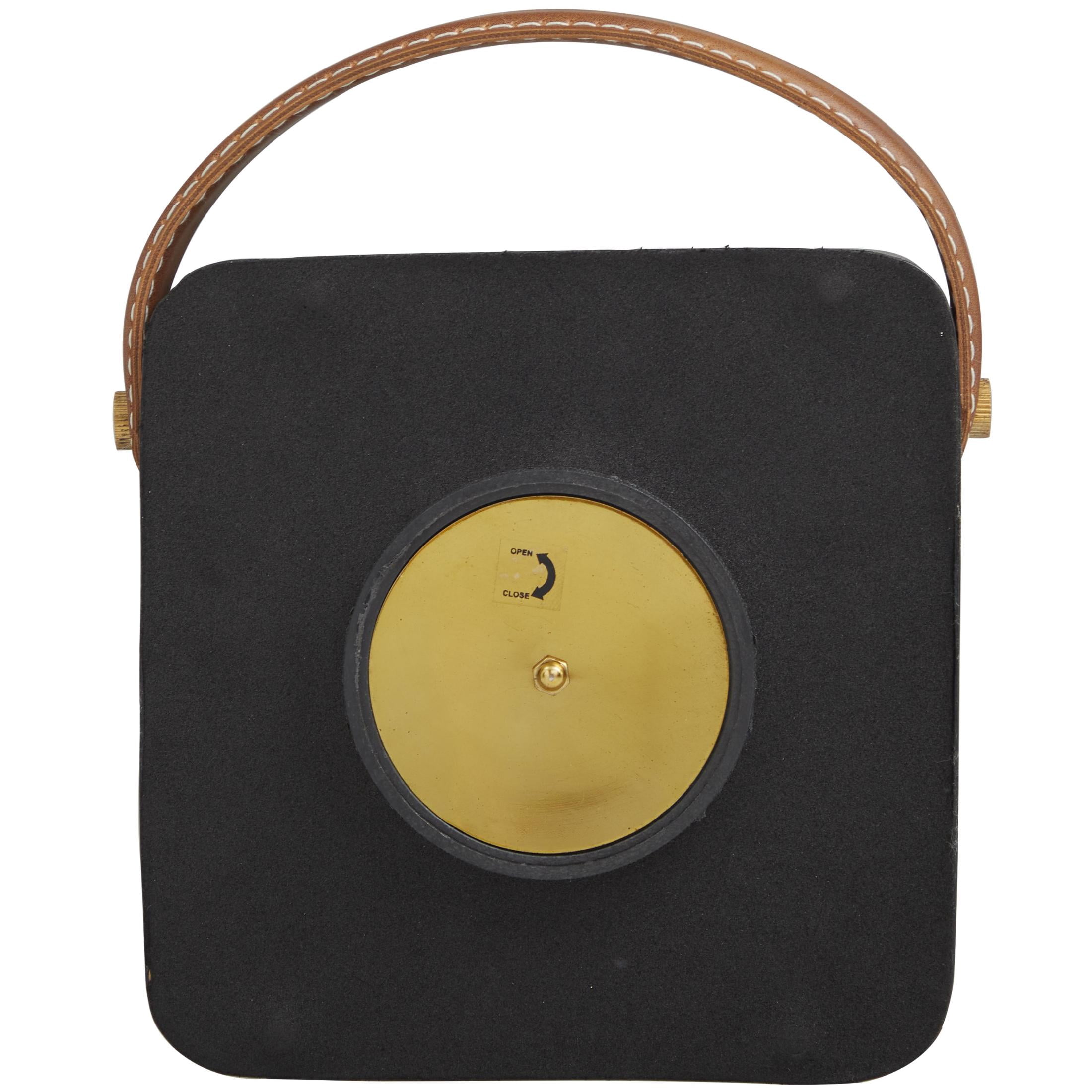 DecMode 8" Black Metal Small Clock with Leather Handle and Hour Markers