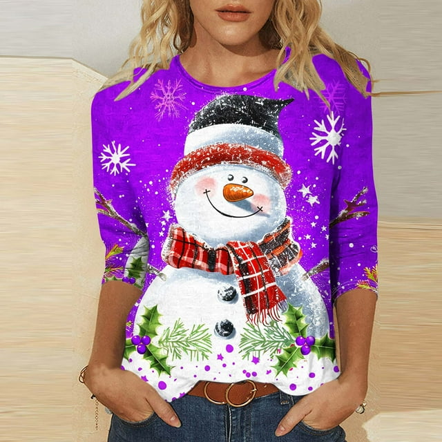 FcBaudy Hauts pour Femmes, Blouses & Chemises à Manches Longues Col Rond, Chemises pour Femmes Mode Décontractée Imprimé de Noël Col Rond T-shirt Manches 3/4 Blouse Femme Polyester Blouse