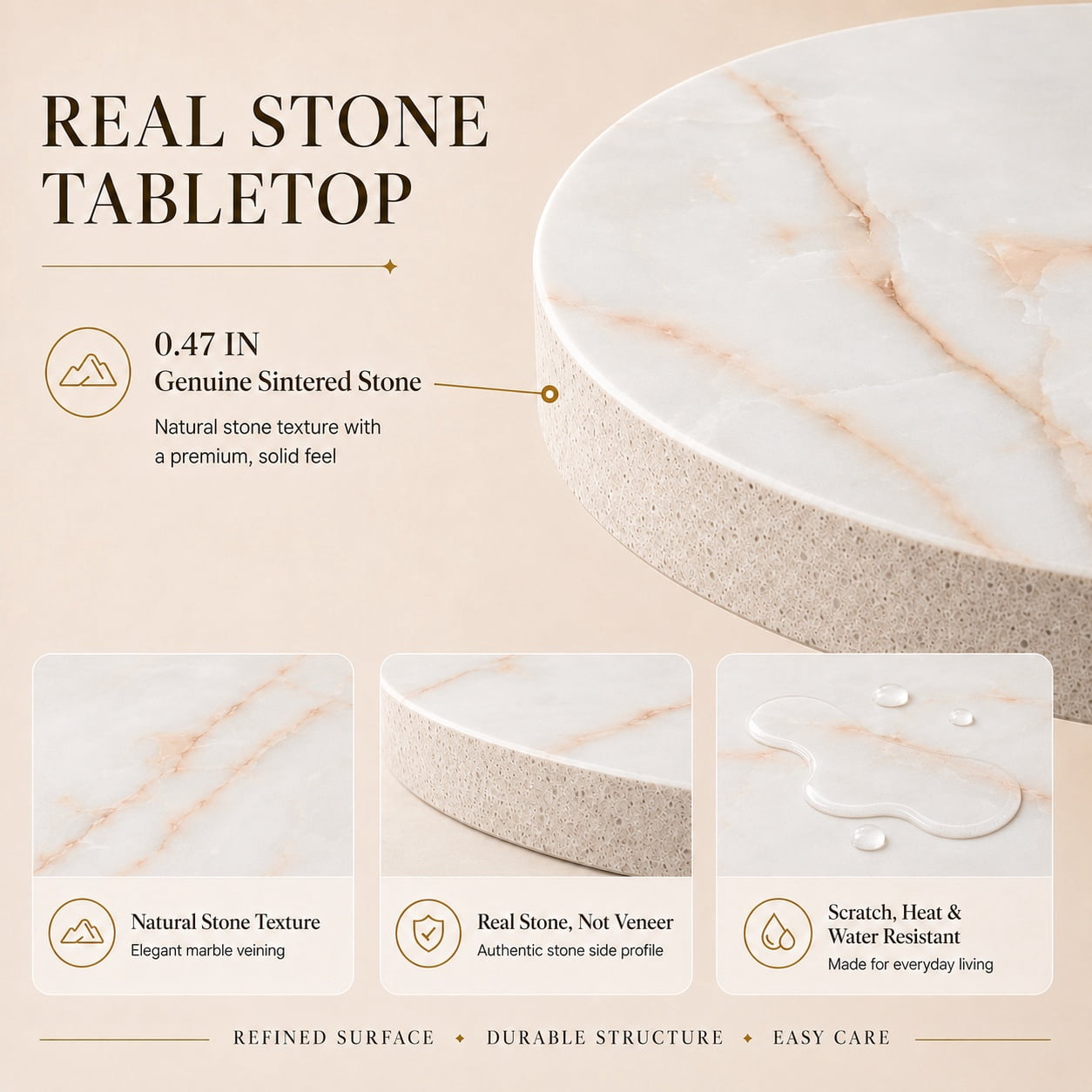Aukfa 31.5" Round Sintered Stone Dining Table for 2-4, Kitchen Table Tulip Table with Gold Pedestal Base for Bistro Small Apartment,Ivory White Marble