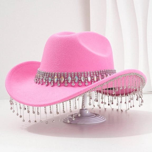 HNMKIU Stylish Western Cowboy Hat For Women Men Featuring Large Round Gemstone Fringe Rhinestone Decorations Ideal Party Event Accessory Pink,One Size