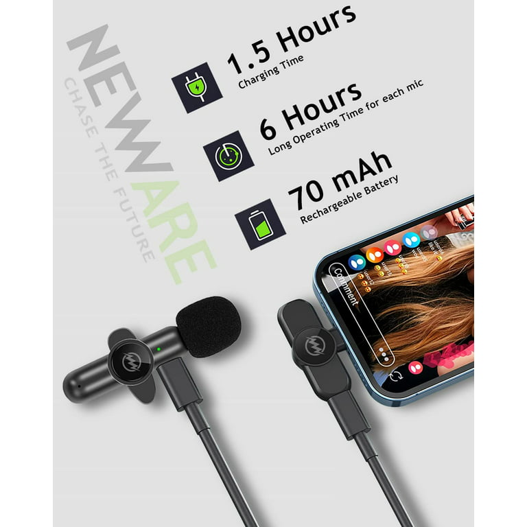 NEWWARE 2 Pack Wireless Lavalier Microphones for iPhone iPad w/Charging  Case,Plug-Play Mini Microphone,12H 800mAh,Noise Reduction,Clip on Lapel Mic  for Video Recording Vlog,TikTok,,Interview 