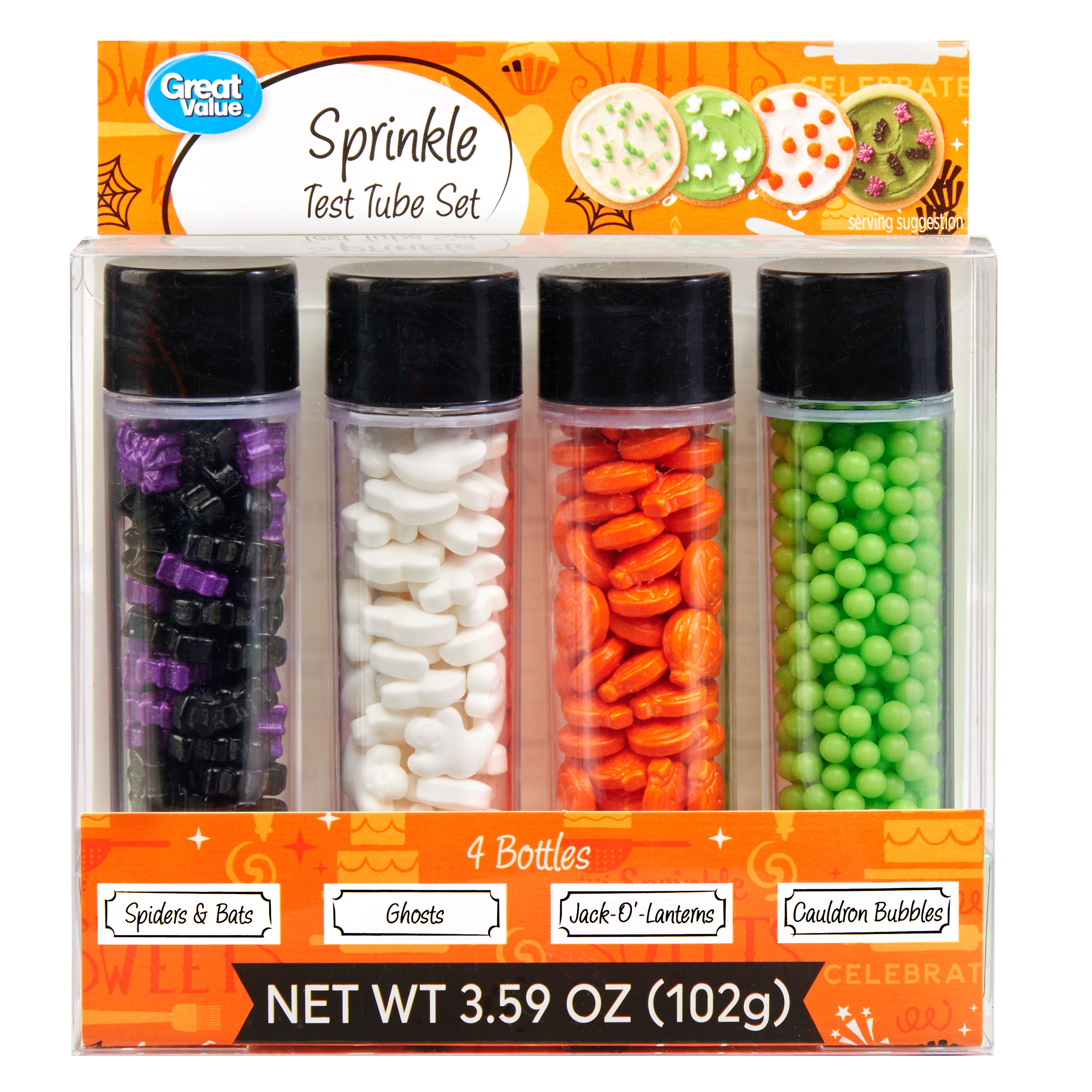 Great Value Halloween Sprinkle Test Tube Set, Assorted Shapes, 4 Count