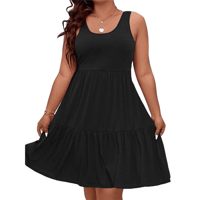 Vestidos de Verano para Mujer, de Gran Tamaño, con Hombros Descubiertos, Lisos, Sin Mangas, con Volantes en el Bajo, Vestidos Cortos con , Negro XL