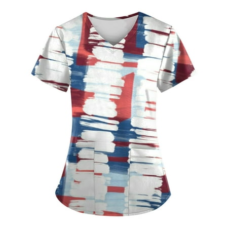 

Sksloeg Womens Scrub Tops Plus Size American Usa Flag Star Pattern Blouse Short Sleeve Nurse Working Uniform V Neck Graphic Scrub Shirts Sky Blue S
